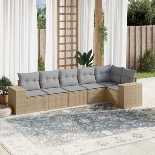 6-Piece Garden Sofa Set with Cushions Beige Poly Rattan - Image 2