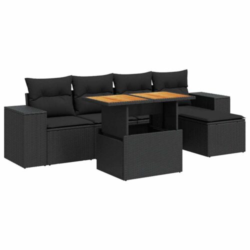 6-Piece Garden Sofa Set with Cushions Black Poly Rattan
