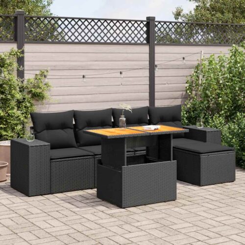 6-Piece Garden Sofa Set with Cushions Black Poly Rattan - Image 2