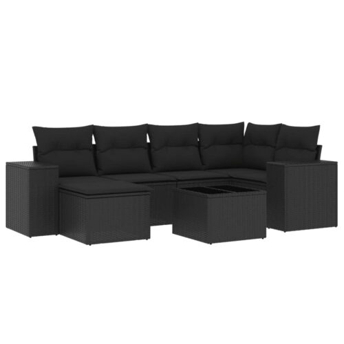 7-Piece Garden Sofa Set with Cushions Black Poly Rattan