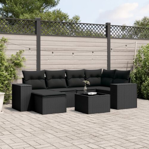 7-Piece Garden Sofa Set with Cushions Black Poly Rattan - Image 2