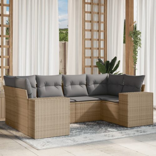 6-Piece Garden Sofa Set with Cushions Beige Poly Rattan - Image 2
