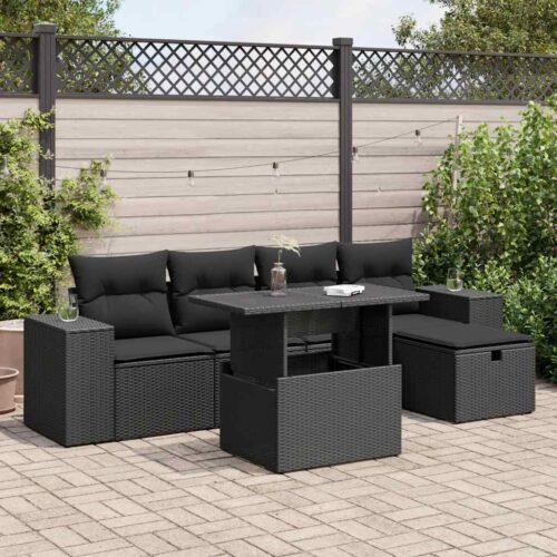 6-Piece Garden Sofa Set with Cushions Black Poly Rattan - Image 2