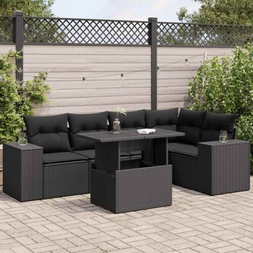 6-Piece Garden Sofa Set with Cushions Black Poly Rattan - Image 2