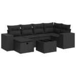 7-Piece Garden Sofa Set with Cushions Black Poly Rattan
