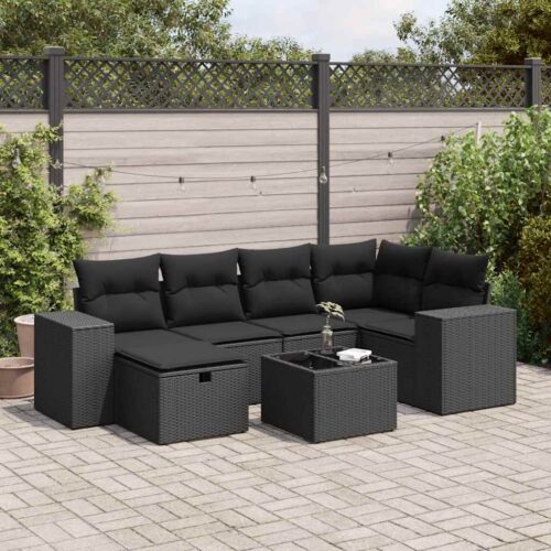 7-Piece Garden Sofa Set with Cushions Black Poly Rattan - Image 2