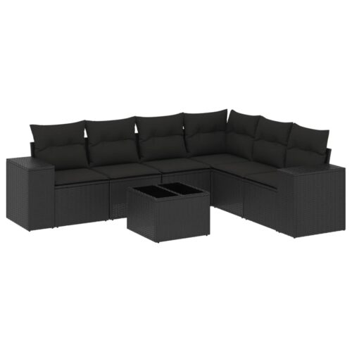 7-Piece Garden Sofa Set with Cushions Black Poly Rattan