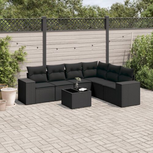 7-Piece Garden Sofa Set with Cushions Black Poly Rattan - Image 2