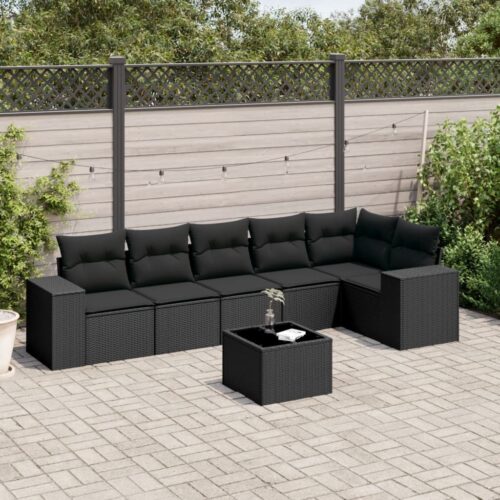 7-Piece Garden Sofa Set with Cushions Black Poly Rattan - Image 2