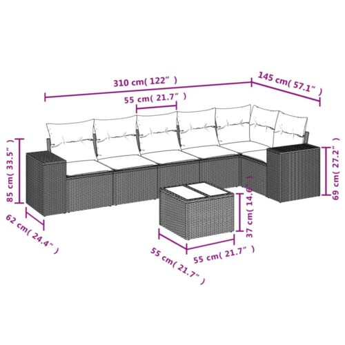 7-Piece Garden Sofa Set with Cushions Black Poly Rattan - Image 3