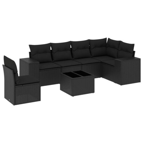 7-Piece Garden Sofa Set with Cushions Black Poly Rattan