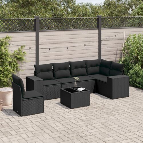 7-Piece Garden Sofa Set with Cushions Black Poly Rattan - Image 2