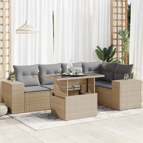 6-Piece Garden Sofa Set with Cushions Beige Poly Rattan - Image 2