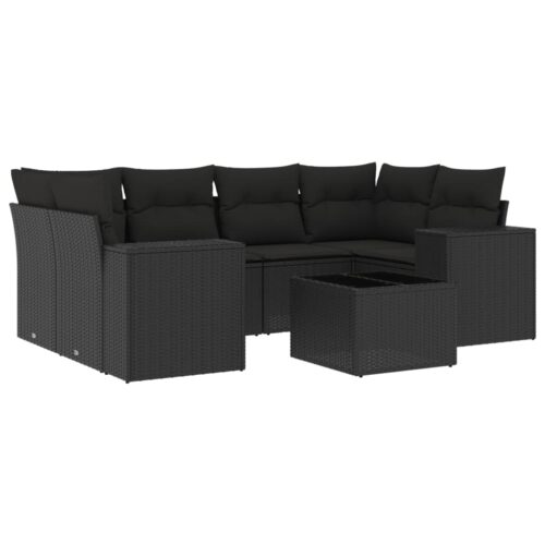 7-Piece Garden Sofa Set with Cushions Black Poly Rattan