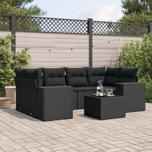 7-Piece Garden Sofa Set with Cushions Black Poly Rattan - Image 2