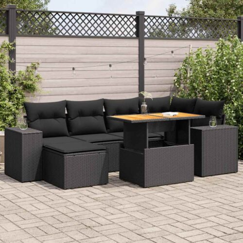 7-Piece Garden Sofa Set with Cushions Black Poly Rattan - Image 2