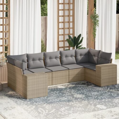 7-Piece Garden Sofa Set with Cushions Beige Poly Rattan - Image 2