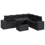 7-Piece Garden Sofa Set with Cushions Black Poly Rattan
