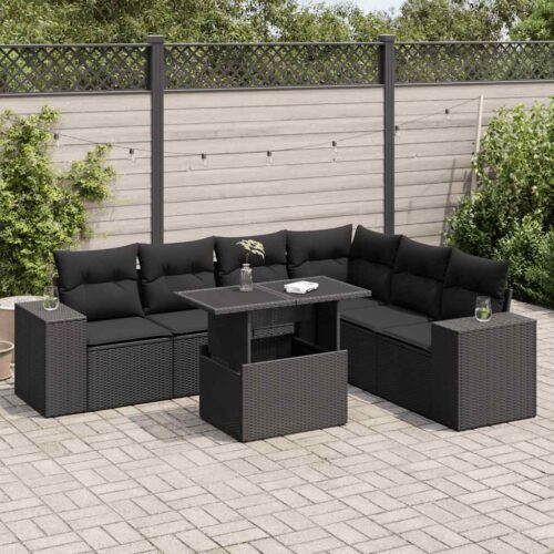 7-Piece Garden Sofa Set with Cushions Black Poly Rattan - Image 2