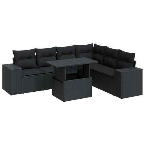 7-Piece Garden Sofa Set with Cushions Black Poly Rattan - Image 13
