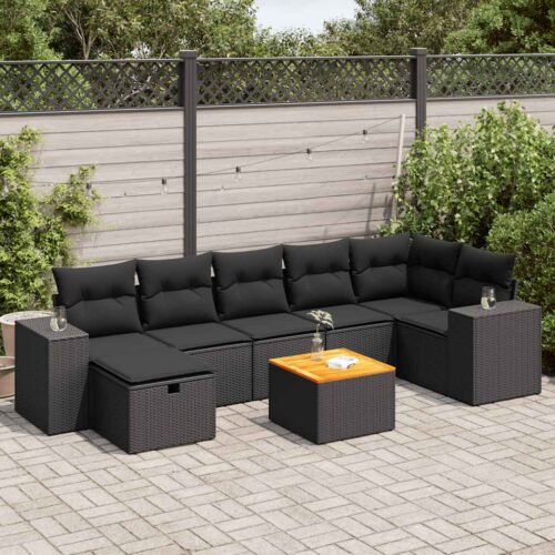 8-Piece Garden Sofa Set with Cushions Black Poly Rattan - Image 2
