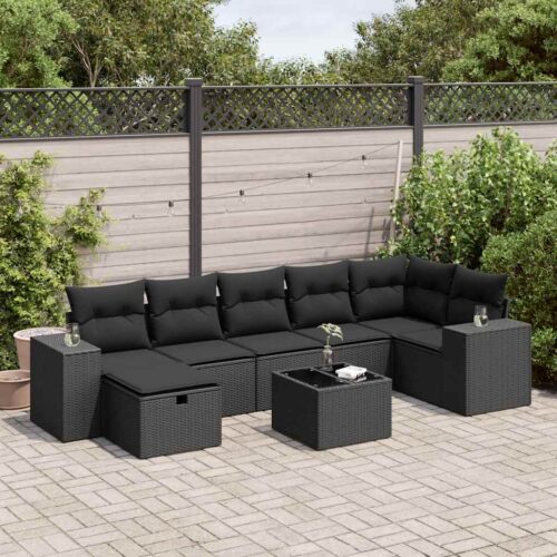 8-Piece Garden Sofa Set with Cushions Black Poly Rattan - Image 2