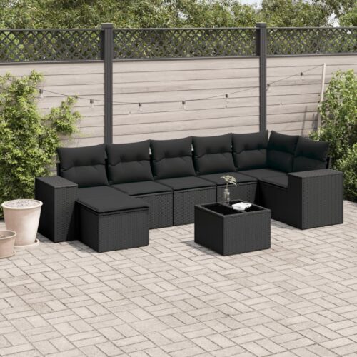 8-Piece Garden Sofa Set with Cushions Black Poly Rattan - Image 2