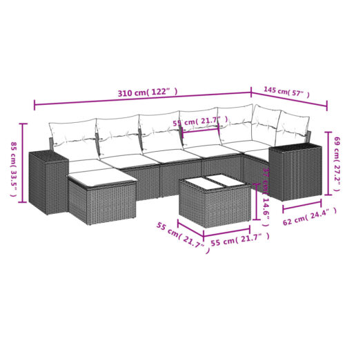 8-Piece Garden Sofa Set with Cushions Black Poly Rattan - Image 3