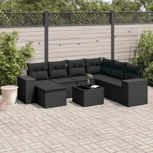 8-Piece Garden Sofa Set with Cushions Black Poly Rattan - Image 2