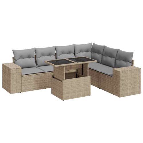 7-Piece Garden Sofa Set with Cushions Beige Poly Rattan