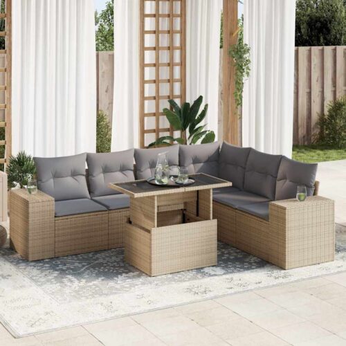 7-Piece Garden Sofa Set with Cushions Beige Poly Rattan - Image 2