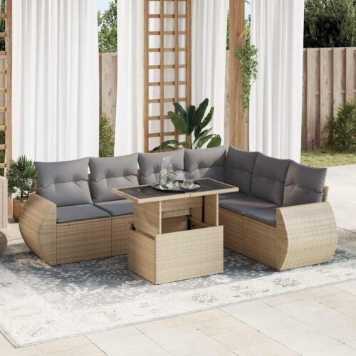 7-Piece Garden Sofa Set with Cushions Beige Poly Rattan - Image 2
