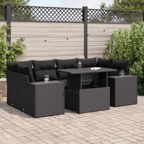 7-Piece Garden Sofa Set with Cushions Black Poly Rattan - Image 2