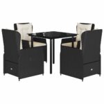 5-Piece Garden Dining Set with Cushions Black Poly Rattan