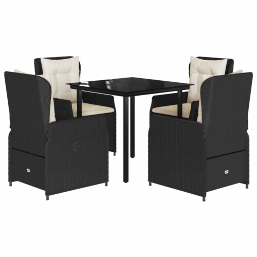 5-Piece Garden Dining Set with Cushions Black Poly Rattan