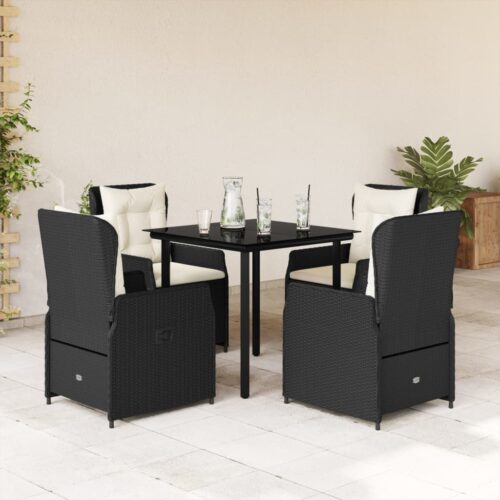 5-Piece Garden Dining Set with Cushions Black Poly Rattan - Image 2