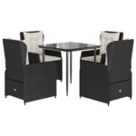 5-Piece Garden Dining Set with Cushions Black Poly Rattan