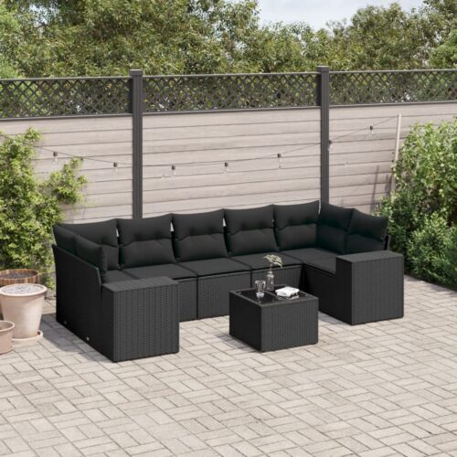 8-Piece Garden Sofa Set with Cushions Black Poly Rattan - Image 2