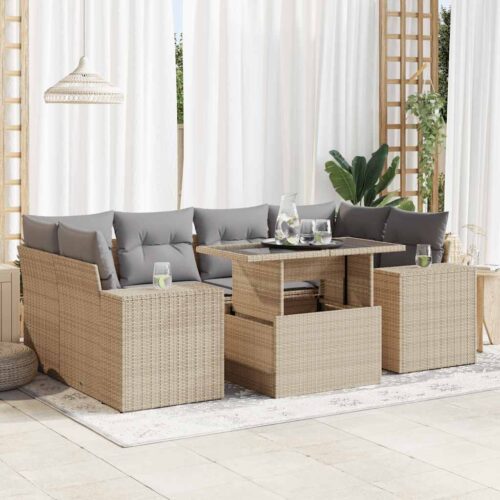 7-Piece Garden Sofa Set with Cushions Beige Poly Rattan - Image 2