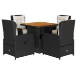 5-Piece Garden Dining Set with Cushions Black Poly Rattan