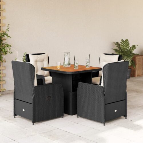 5-Piece Garden Dining Set with Cushions Black Poly Rattan - Image 2