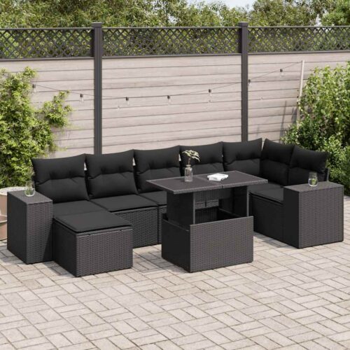 8-Piece Garden Sofa Set with Cushions Black Poly Rattan - Image 2