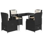 5-Piece Garden Dining Set with Cushions Black Poly Rattan