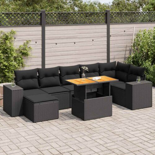 8-Piece Garden Sofa Set with Cushions Black Poly Rattan - Image 2
