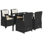 5-Piece Garden Dining Set with Cushions Black Poly Rattan