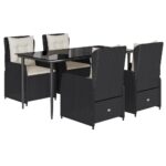 5-Piece Garden Dining Set with Cushions Black Poly Rattan