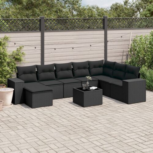 9-Piece Garden Sofa Set with Cushions Black Poly Rattan - Image 2