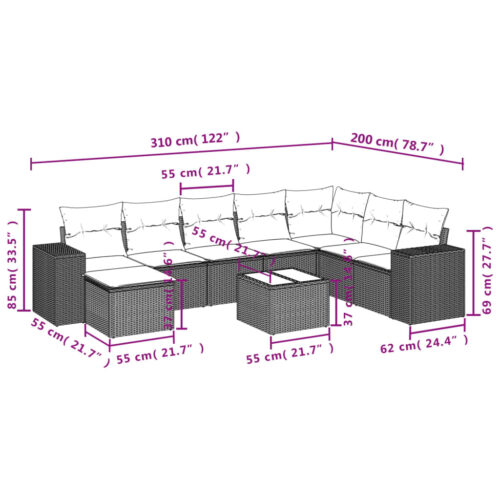 9-Piece Garden Sofa Set with Cushions Black Poly Rattan - Image 3