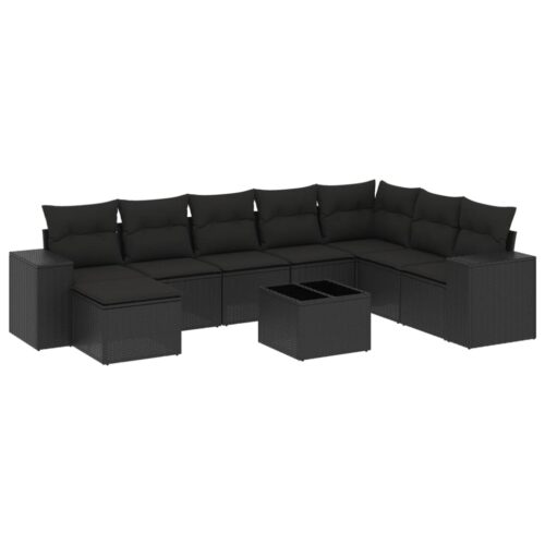 9-Piece Garden Sofa Set with Cushions Black Poly Rattan - Image 5
