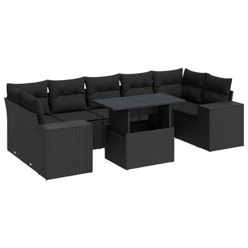 8-Piece Garden Sofa Set with Cushions Black Poly Rattan